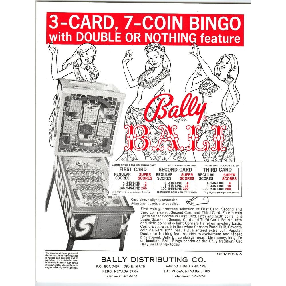 Bally BALI 3-Card 7-Coin Bingo Arcade Pinball Game Flyer Vintage Original Art